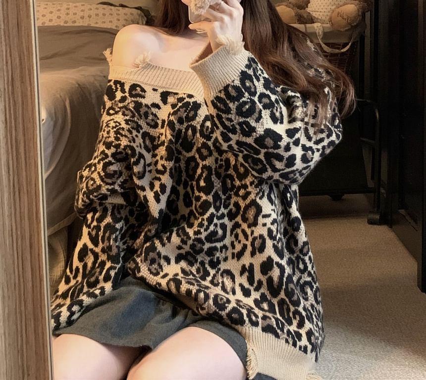 V-Neck Leopard Print Sweater Product Image