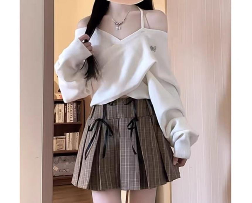 Cold Shoulder Plain Sweater / Striped Mini Pleated Skirt / Set Product Image