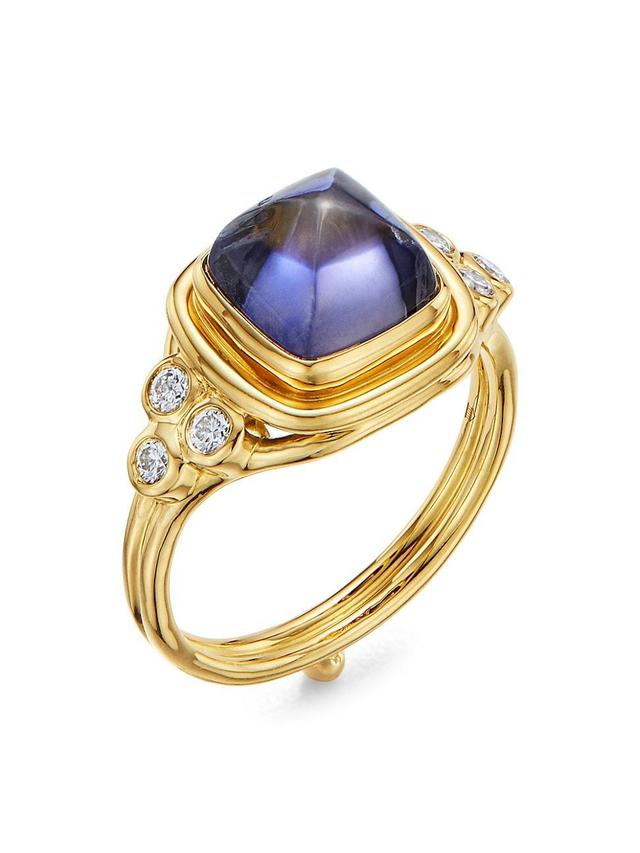 Womens High 18K Yellow Gold, Iolite & Diamond Classic Sugar Loaf Ring Product Image