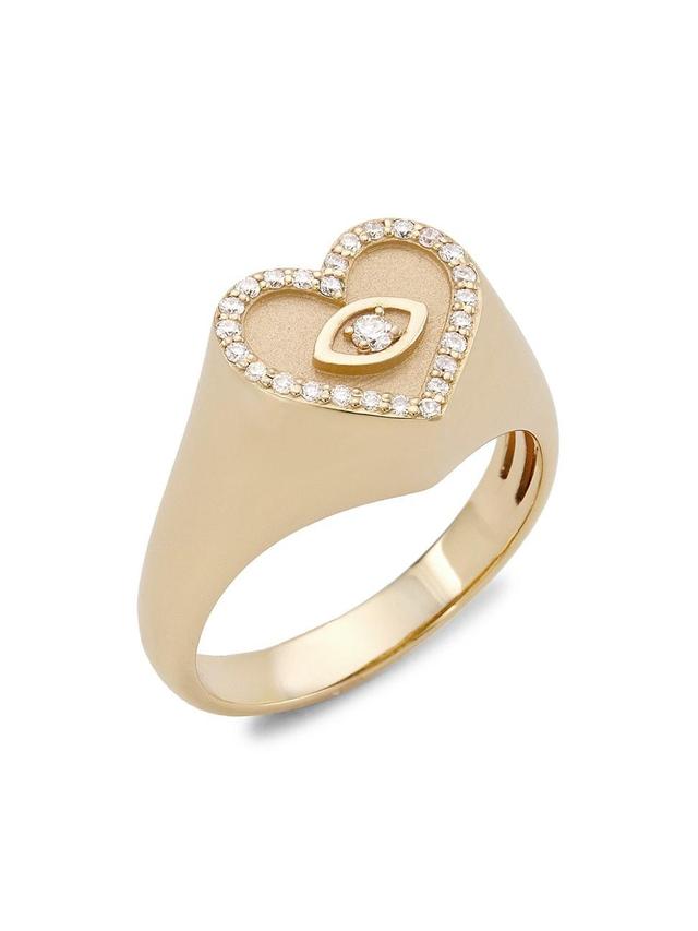 Womens 14K Yellow Gold & Diamond Evil-Eye Heart Signet Ring Product Image