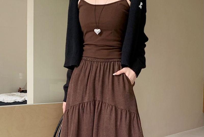 High Rise Plain Ruched Maxi A-Line Skirt Product Image