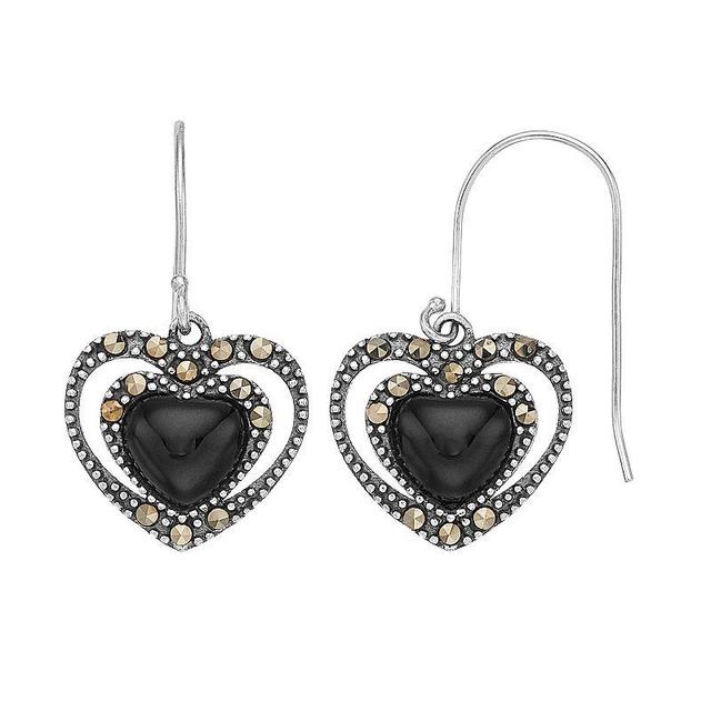 Tori Hill Sterling Silver Onyx & Marcasite Heart Drop Earrings, Womens Product Image