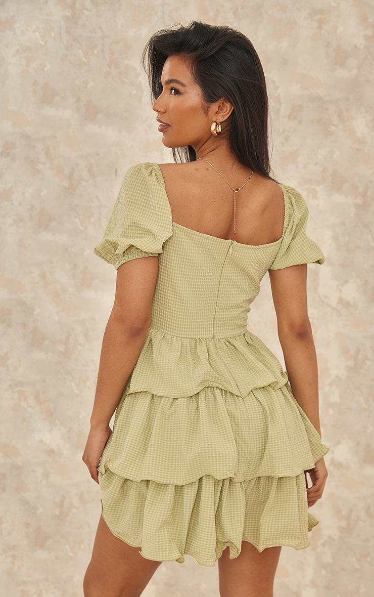 Sage Green Crinkle Cup Detail Tiered Skirt Skater Dress Product Image