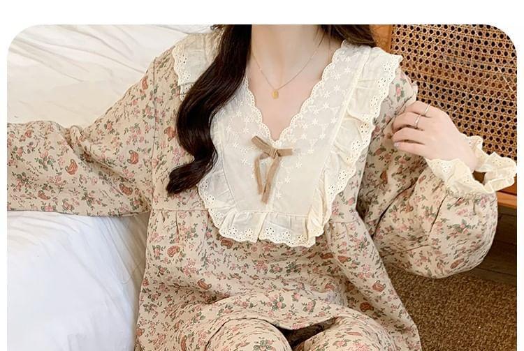 Pajama Set: Long-Sleeve V-Neck Floral Print Embroidered Eyelet Panel Bow Accent Top + Pants Product Image