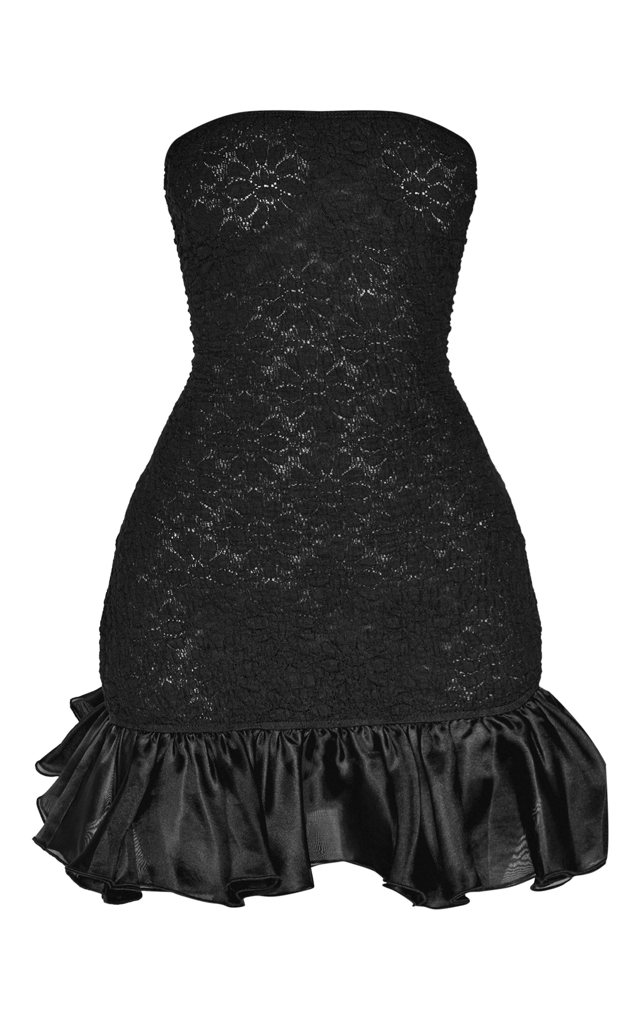 Petite Black Shirred Bandeau Ruffle Hem Mini Dress Product Image