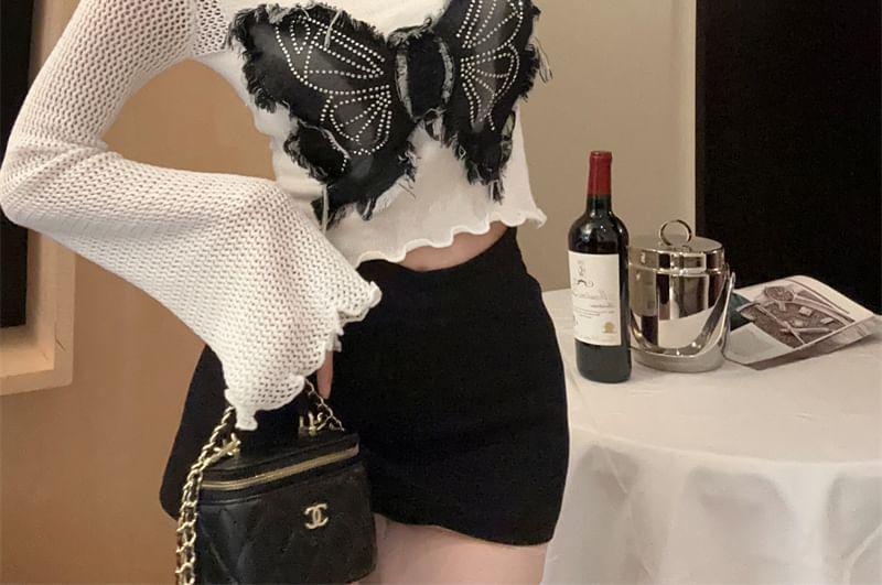 Long Sleeve Scoop Neck Butterfly Applique Knit Top Product Image