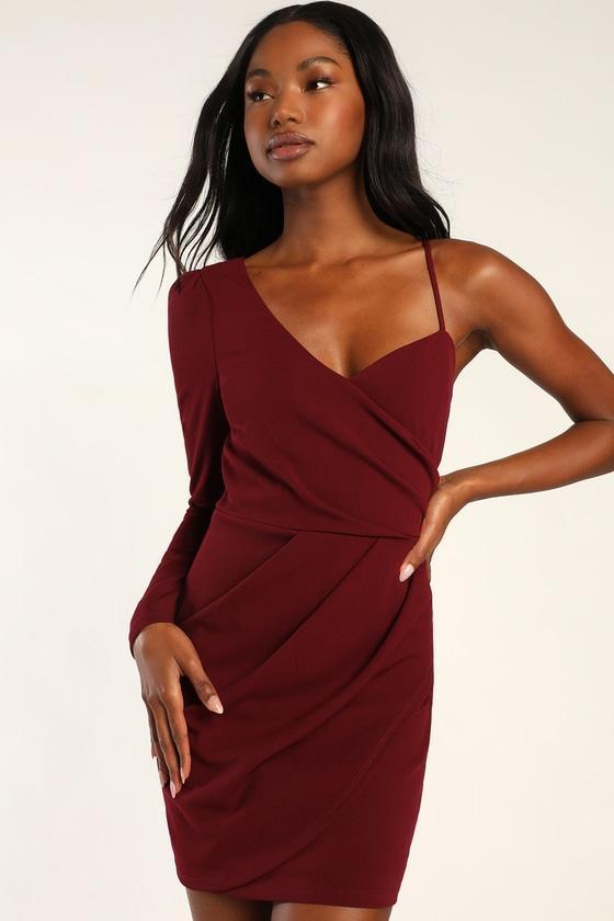 Keep Things Stylish Burgundy Asymmetrical Faux-Wrap Mini Dress Product Image