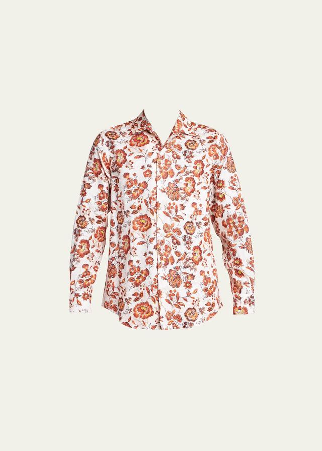 Loro Piana Men's Andre Floral Linen Sport Shirt  - JUJUBE ORANGE - Size: Small Product Image