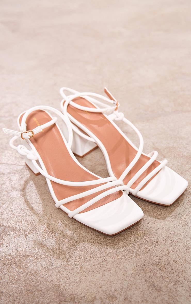 White Pu Square Toe Strappy Tube Asymmetric Block Heeled Sandals Product Image