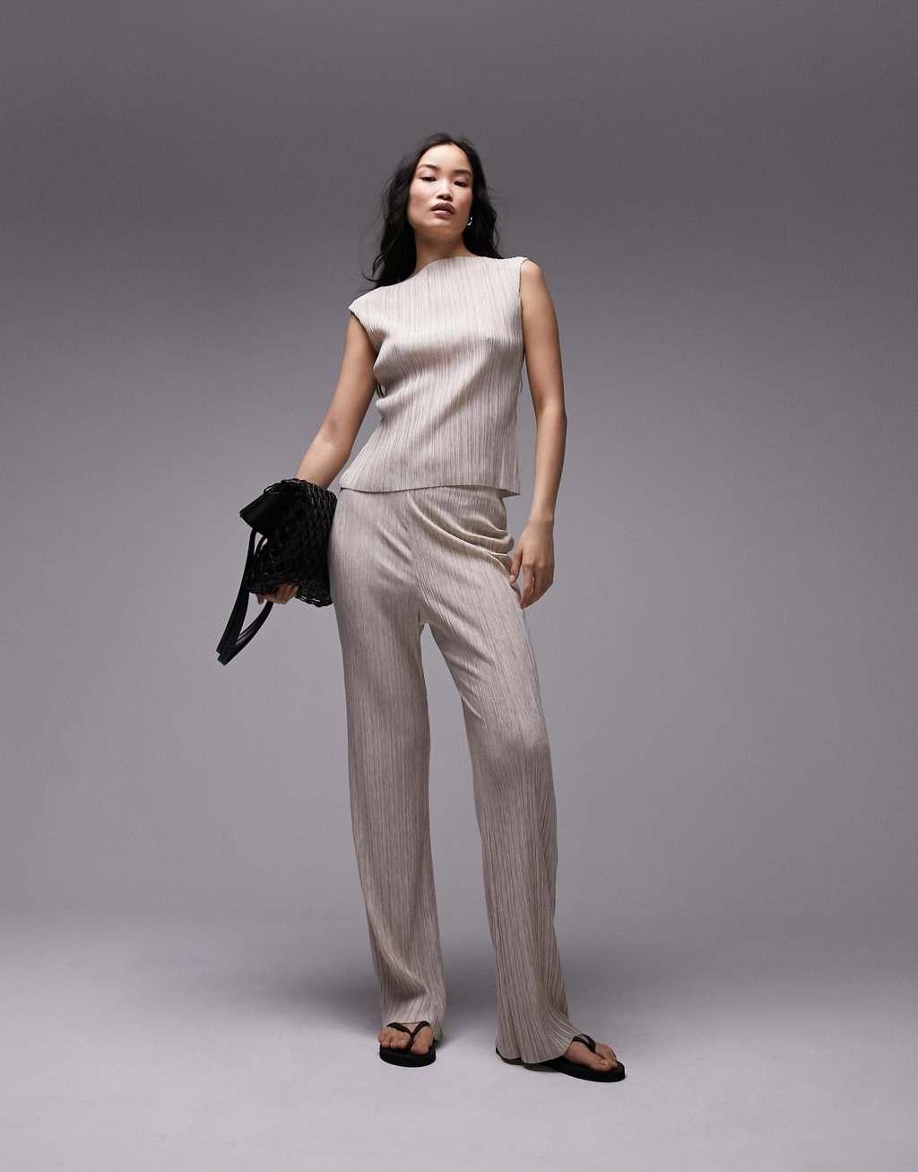 Topshop premium soft heather plisse wide leg pants Product Image