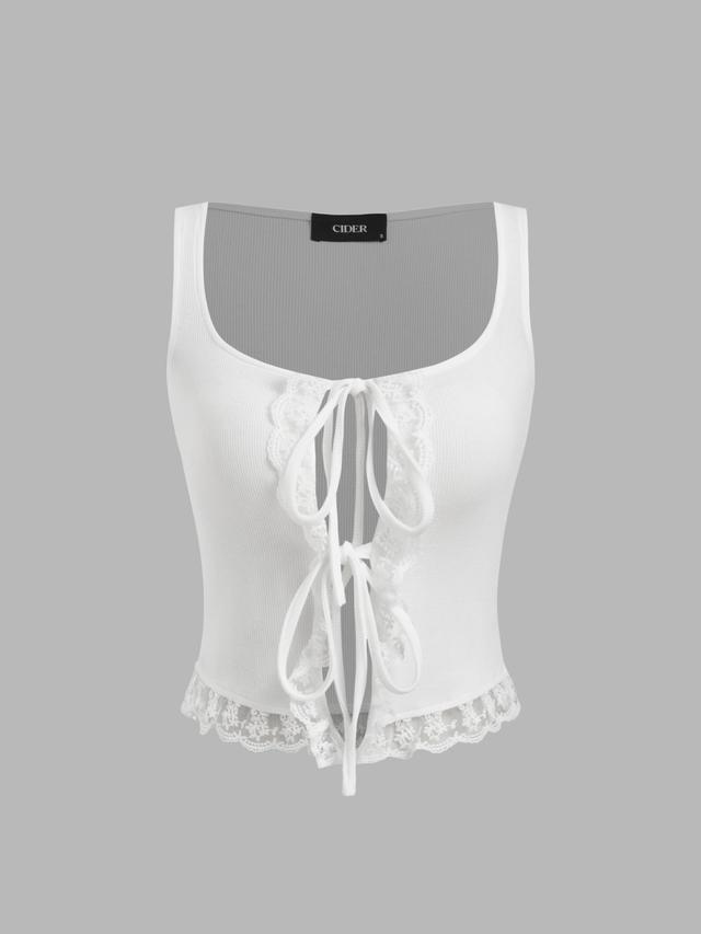 Cotton-blend Square Neck Lace Trim Tie Front Tank Top Product Image