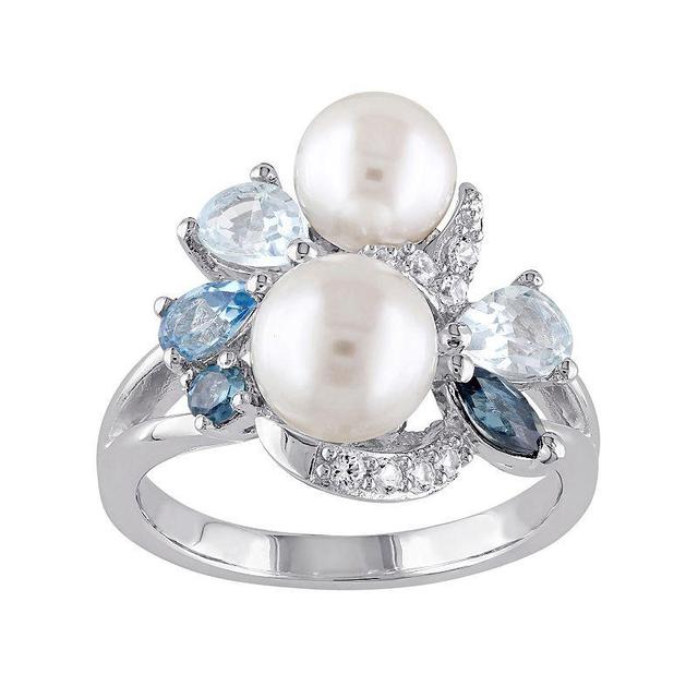 Stella Grace Sterling Silver Blue Topaz, Lab-Created White Sapphire & Freshwater Cultured Pearl Ring, Womens Multicolor Product Image