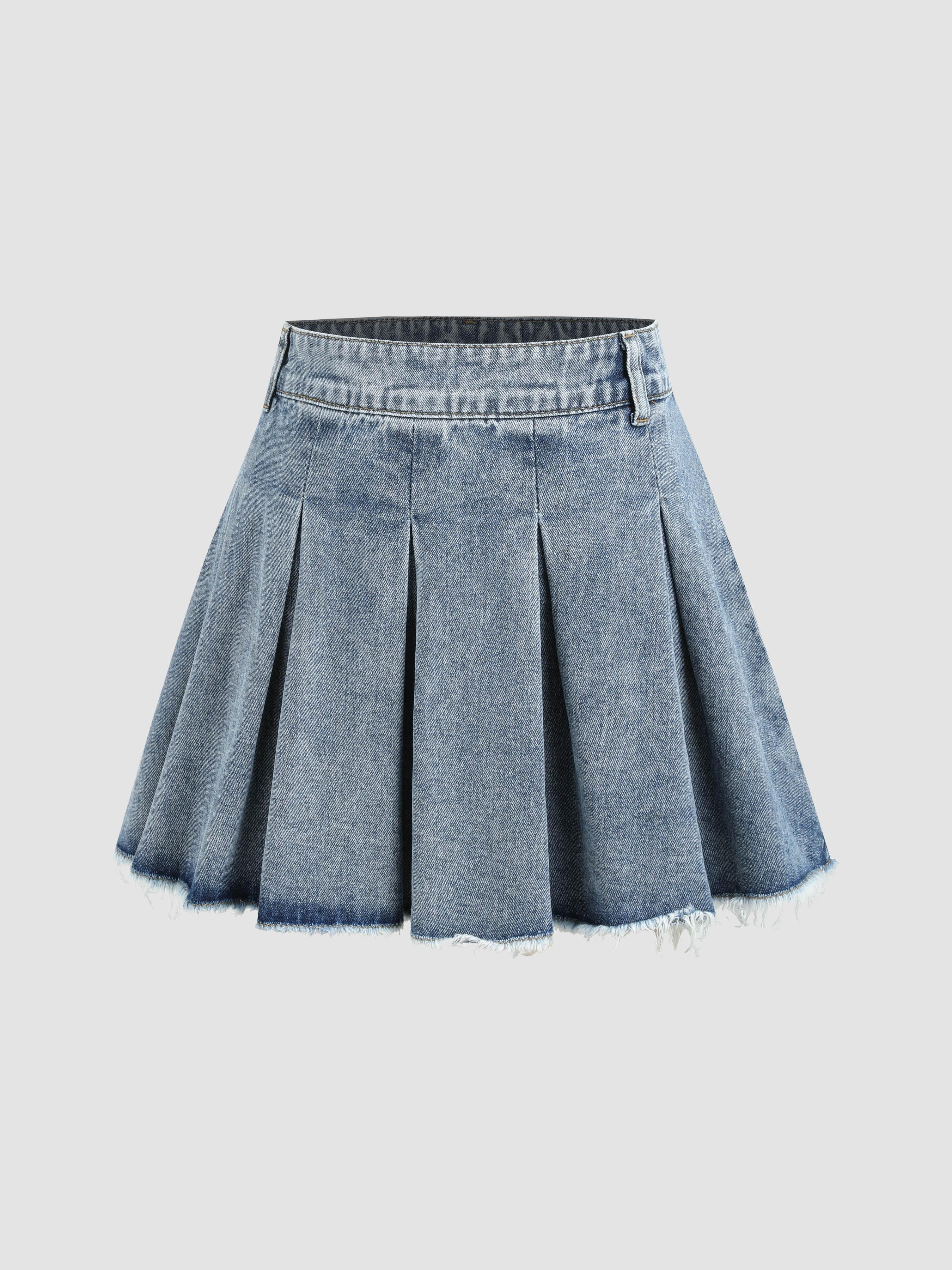 Denim High Waist Pleated Raw Hem Mini Skirt product image