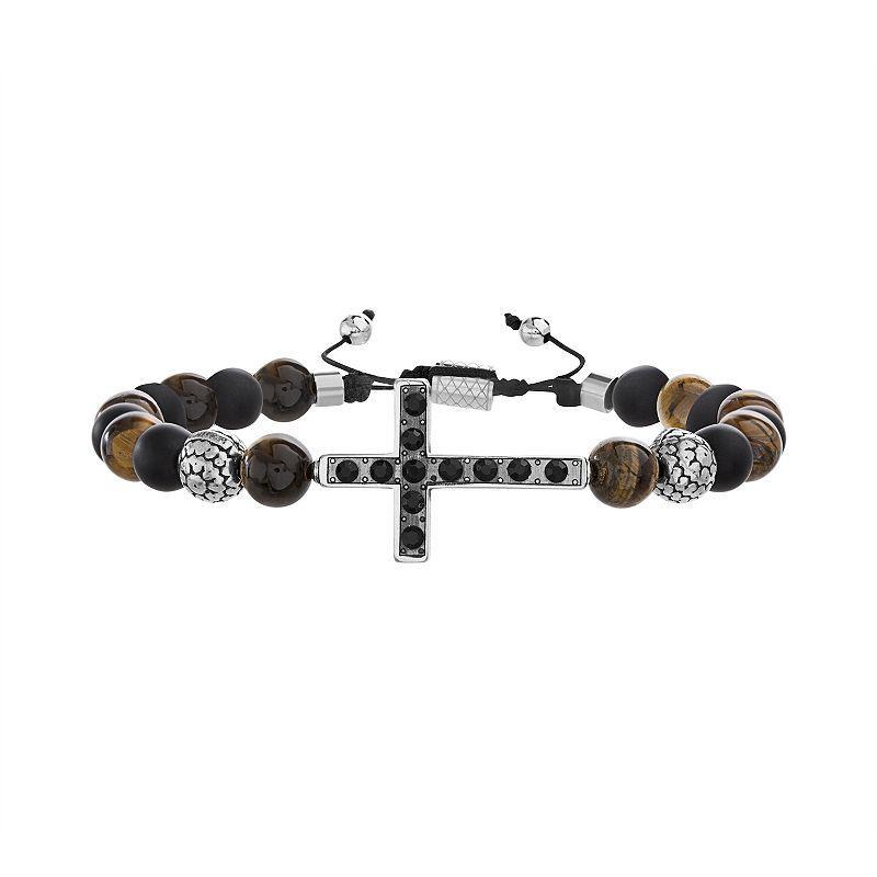 1913 Mens Stainless Steel Cross Crystal & Bead Bracelet, Size: 7.75+3ADJ Product Image