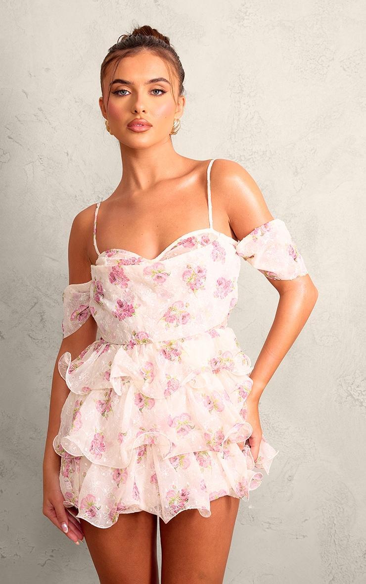 Pink Floral Print Dobby Textured Chiffon Frilly Romper Product Image