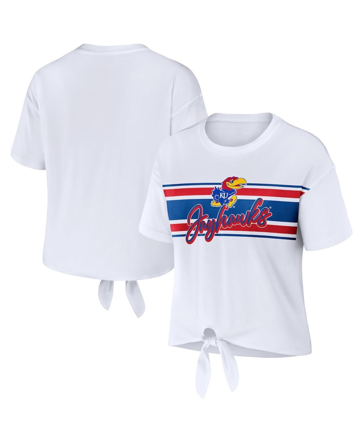 Womens Wear by Erin Andrews White Kansas Jayhawks Striped Front Knot Cropped T-shirt Product Image