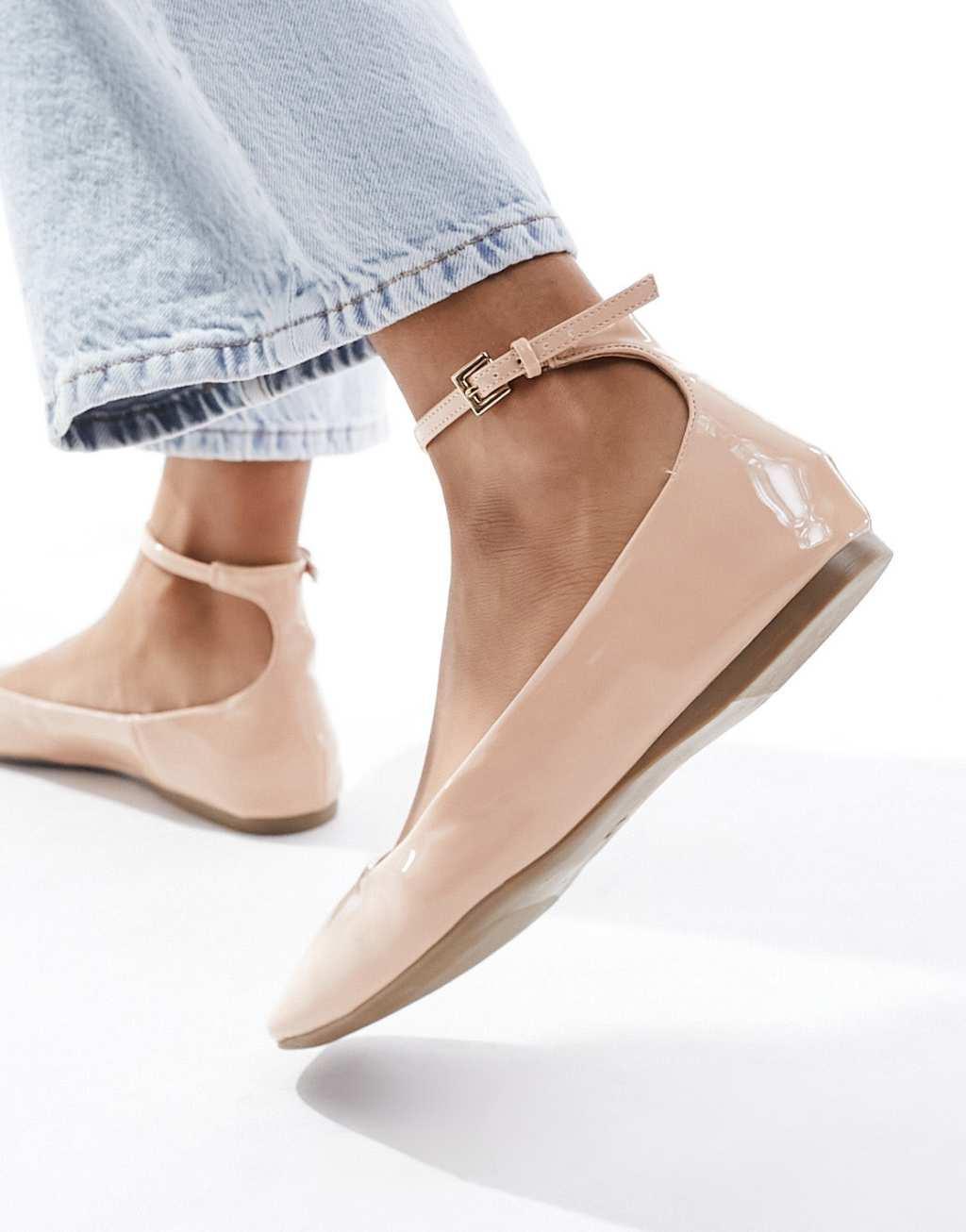 London Rebel ankle strap ballet shoes in pale pink Product Image