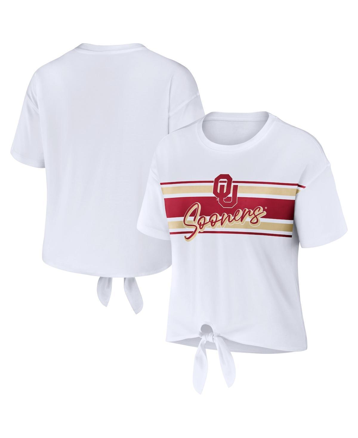 Womens WEAR by Erin Andrews Oklahoma Sooners Striped Front Knot Cropped T-Shirt Product Image