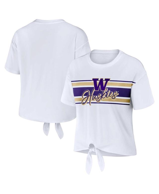 Womens Wear by Erin Andrews White Washington Huskies Striped Front Knot Cropped T-shirt Product Image