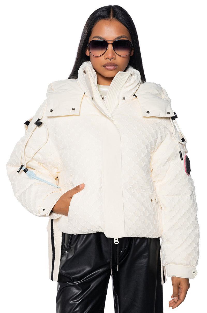 SNOWBIRD TEXTURED PUFFER COAT WITH SIDE RIBBED DETAIL Product Image