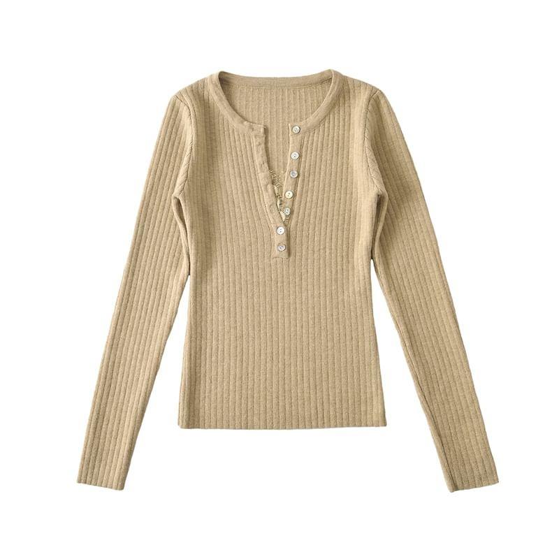 Long Sleeve Henley Neck Plain Ribbed Knit Crop Top Product Image