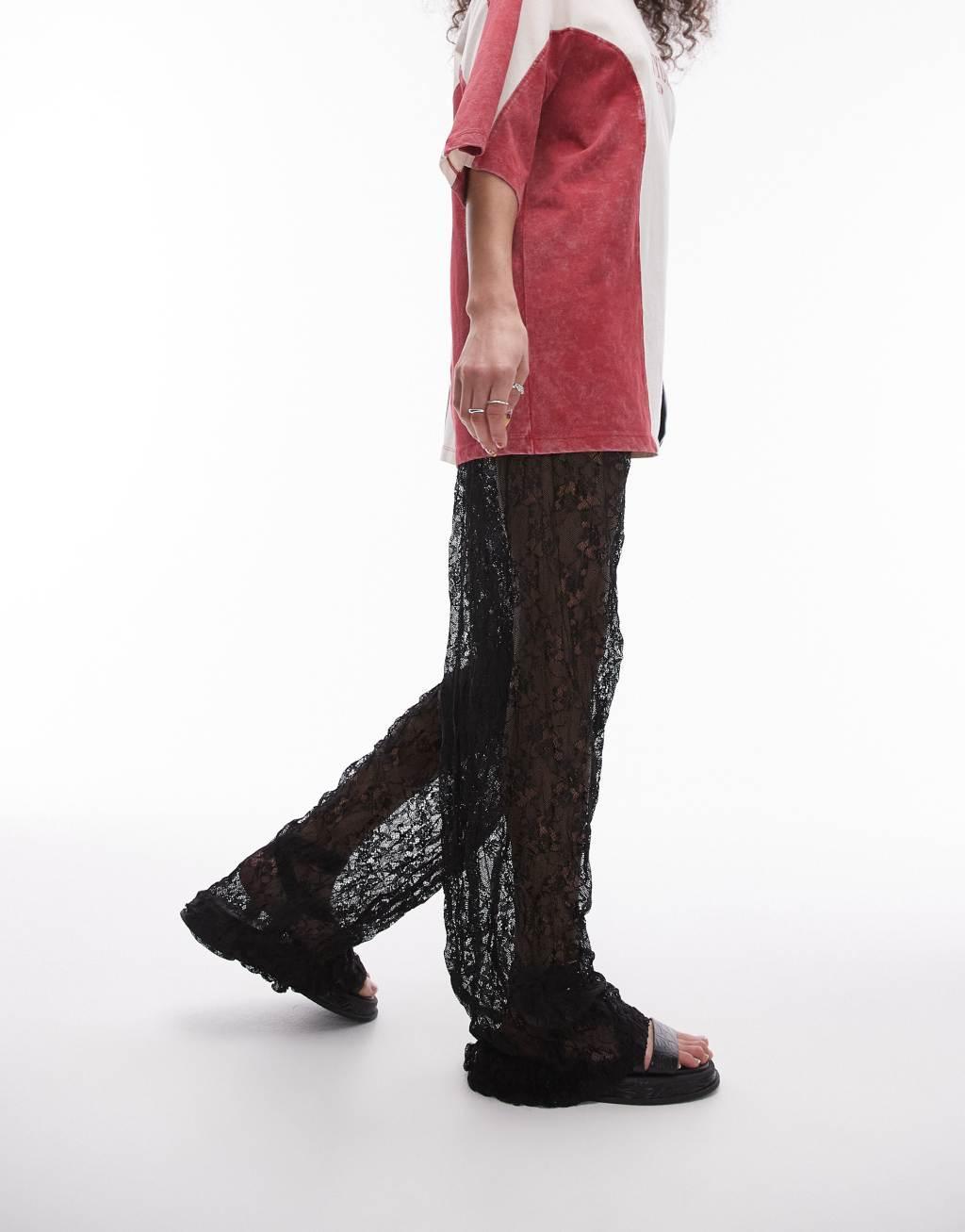 Topshop lace straight leg pants in black Product Image