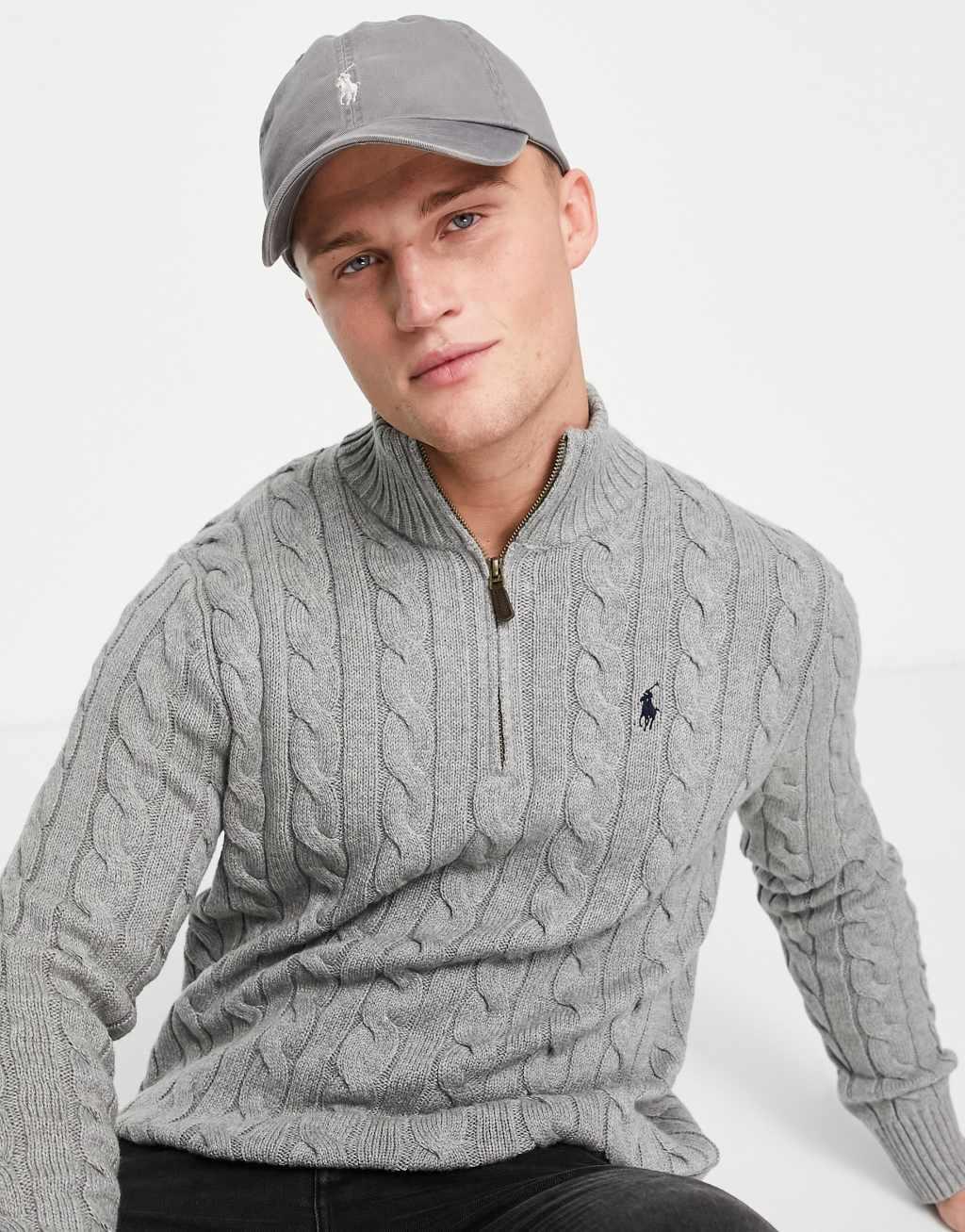 Polo Ralph Lauren icon logo half zip cotton cable knit sweater in gray heather Product Image