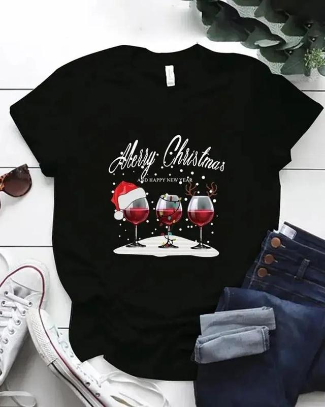 Olivia Mark – Wine Glasses Letter Print Christmas Short Sleeve T-shirt Product Image