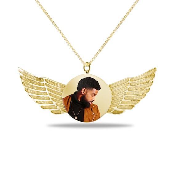 Men's Engravable Photo Disc with Angel Wings Pendant in 10K White or Yellow Gold (1 Image and 4 Lines) Product Image