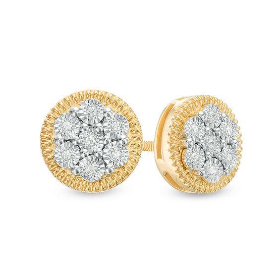 Men's 1/20 CT. T.w. Multi-Diamond Textured Frame Stud Earrings in Sterling Silver with 14K Gold Plate Product Image