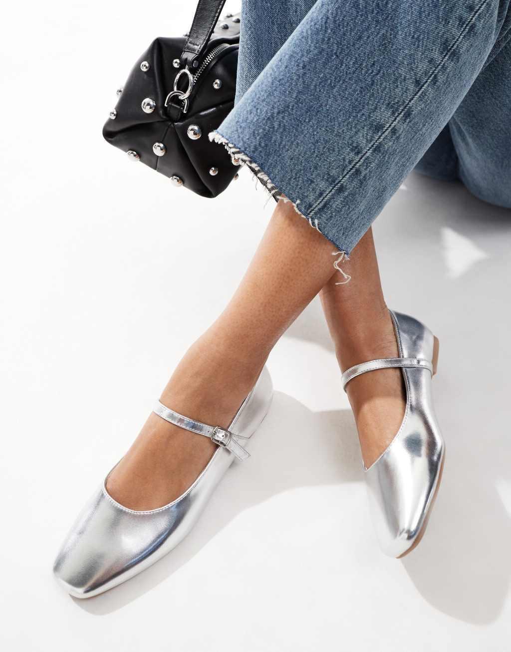 SEQWL buckle strap ballet flats in silver Product Image