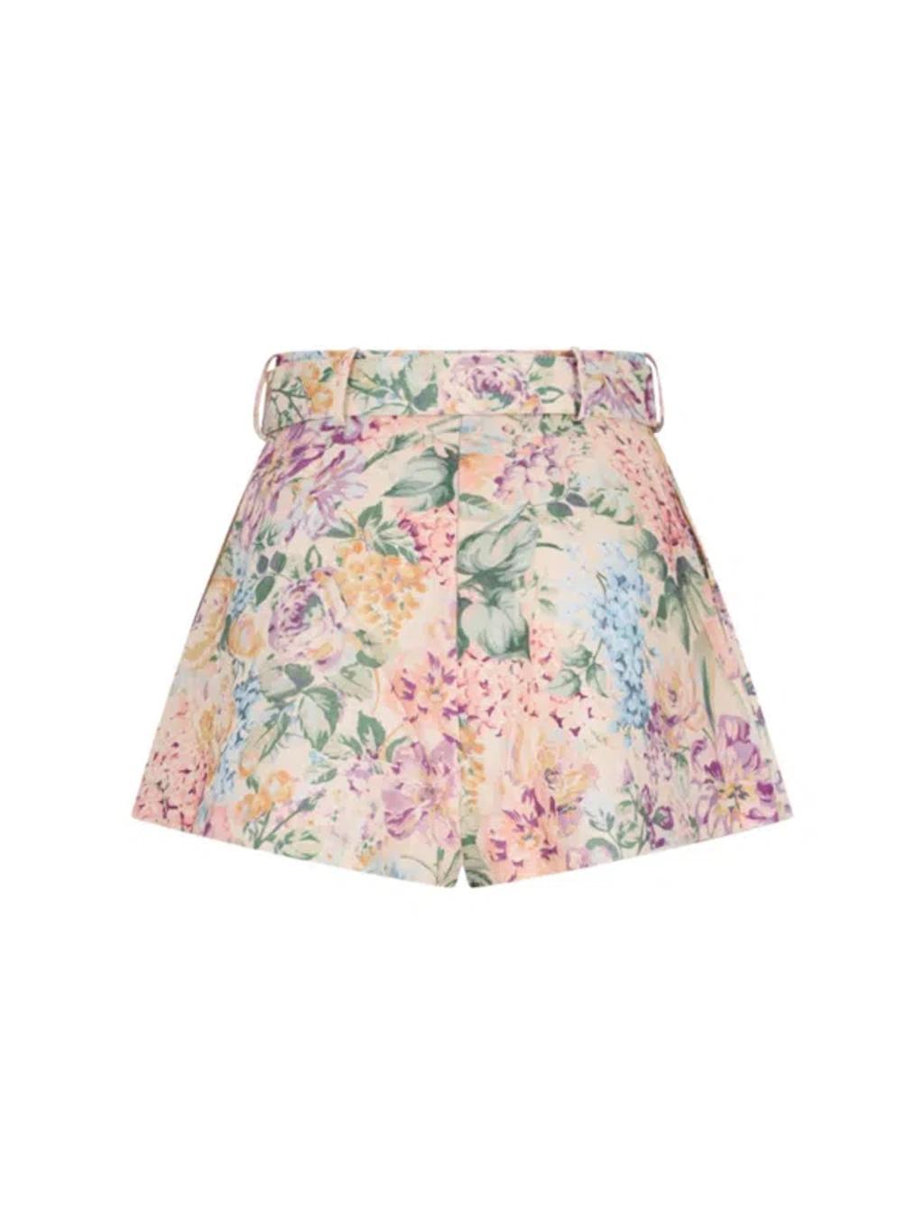 ZIMMERMANN Halliday Floral Belted Linen Shorts In Multi Watercolour Floral Product Image