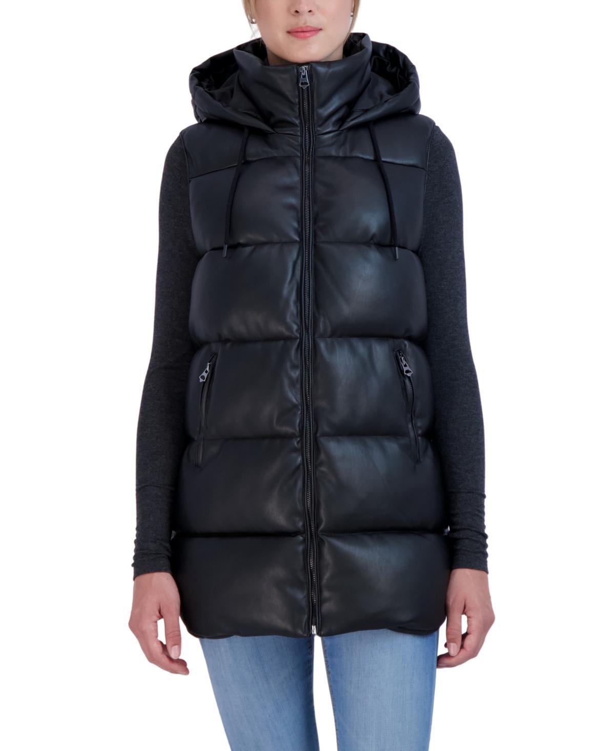 Sebby Collection Womens Puffer Faux Leather Vest with Hood Product Image