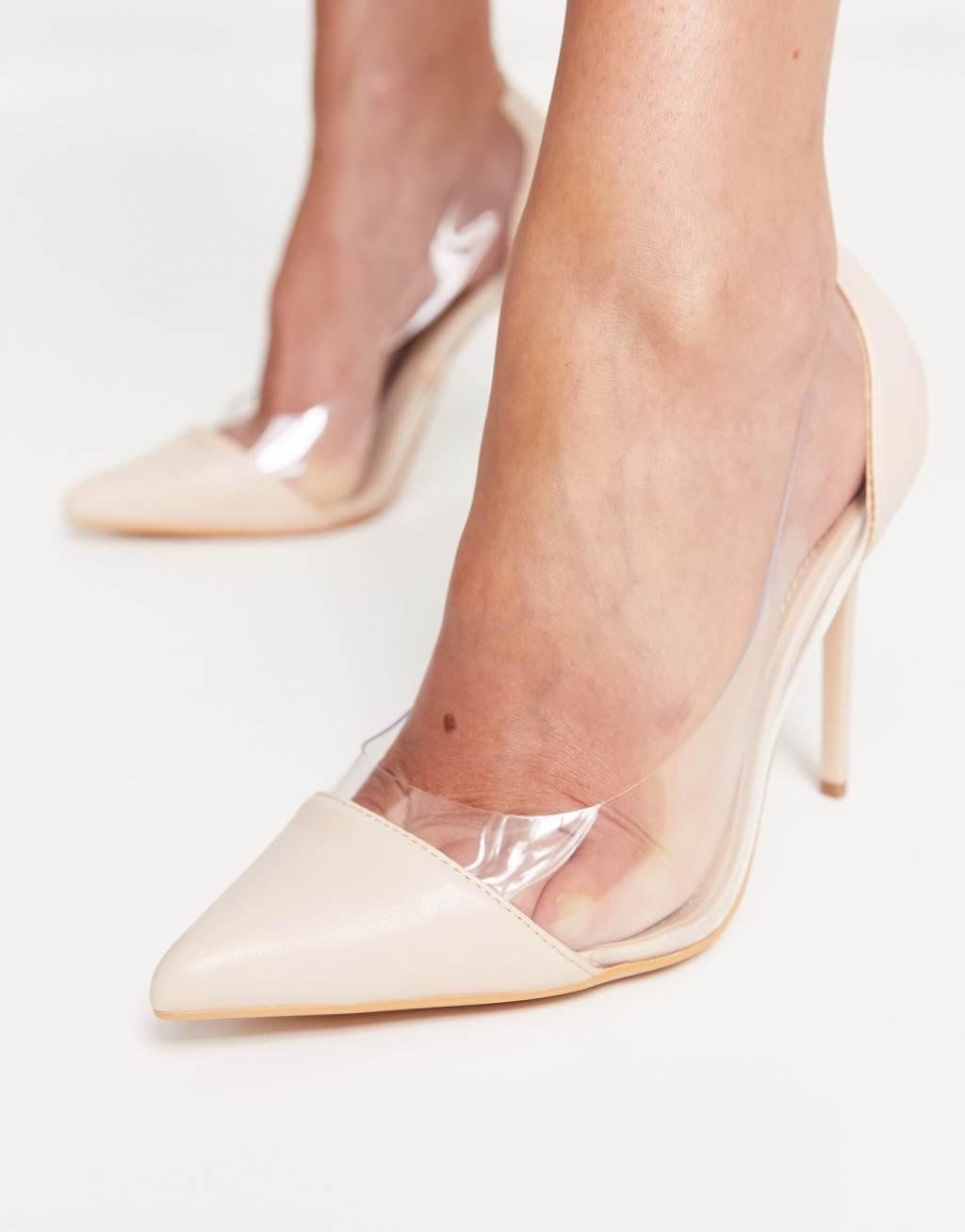 Truffle Collection Wide Fit pointed clear heeled shoes in beige Product Image