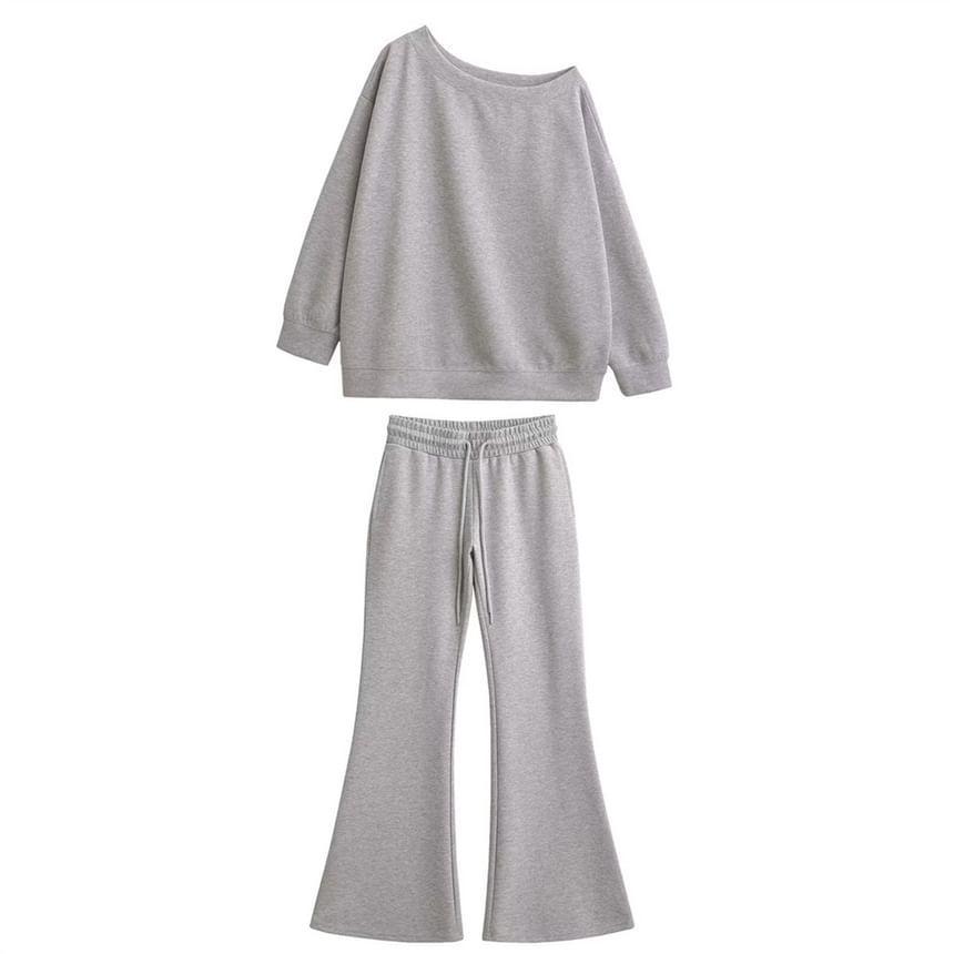 Set: One Shoulder Plain Pullover + Drawstring Waist Flared Sweatpants Product Image