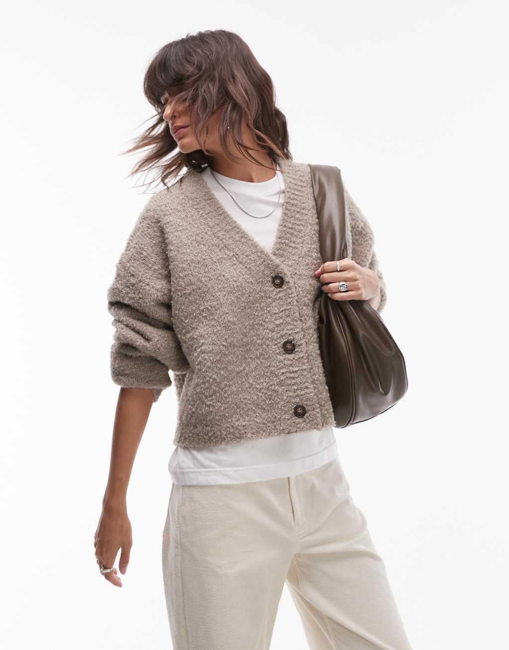 Topshop knitted v-neck boucle oversized cardigan in brown Product Image