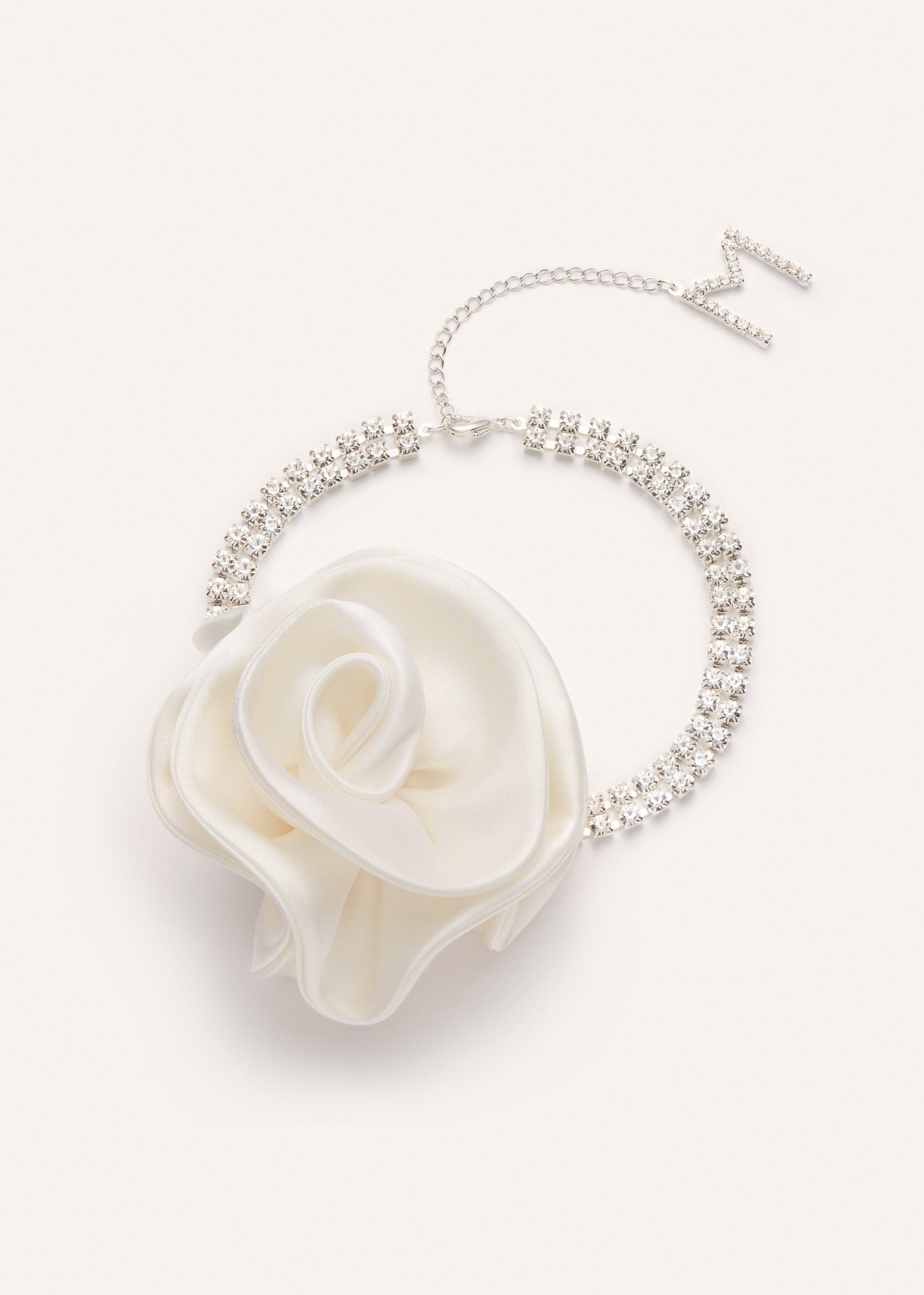 Satin flower crystal choker necklace in cream Product Image