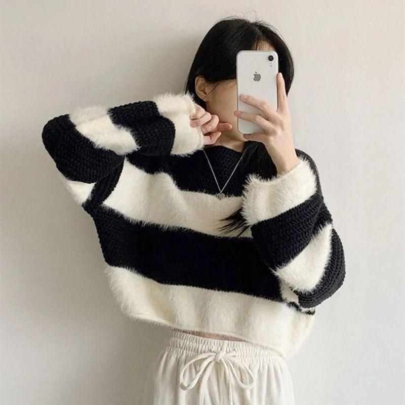 Boat Neck Striped Cropped Sweater Product Image