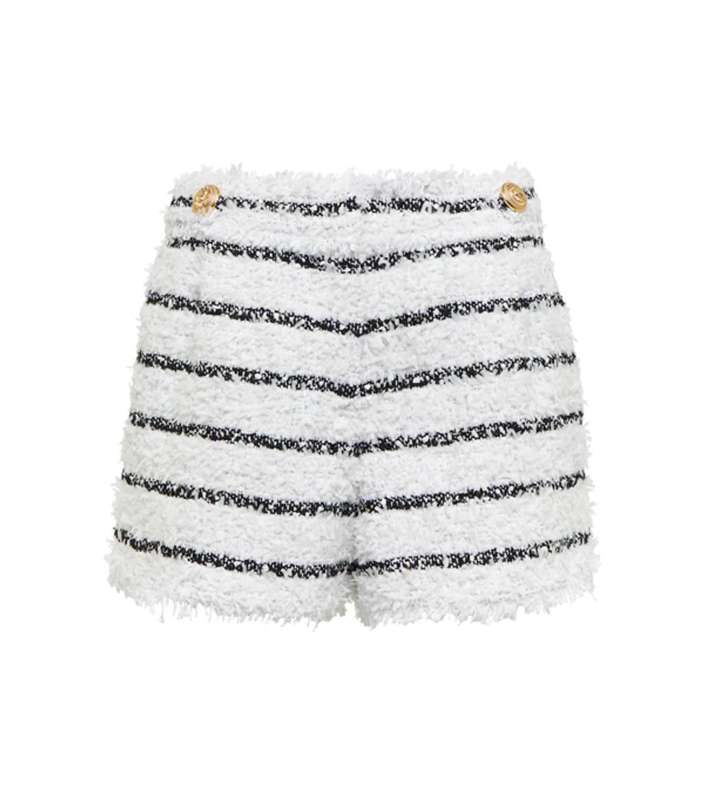 Cotton Blend Tweed Striped Mini Shorts In White Product Image