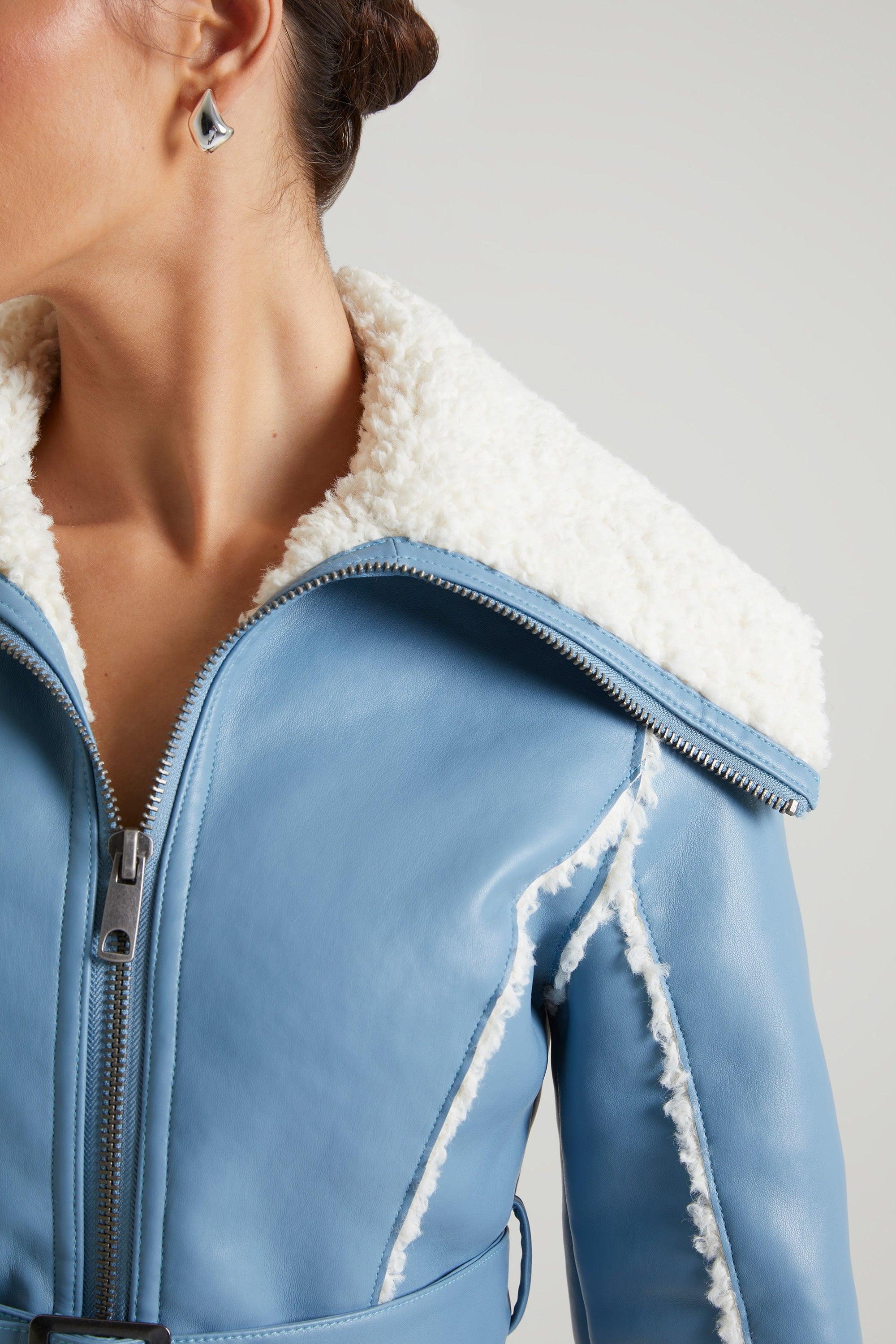 Jacket with Shearling Collar and Trim in Blue Product Image