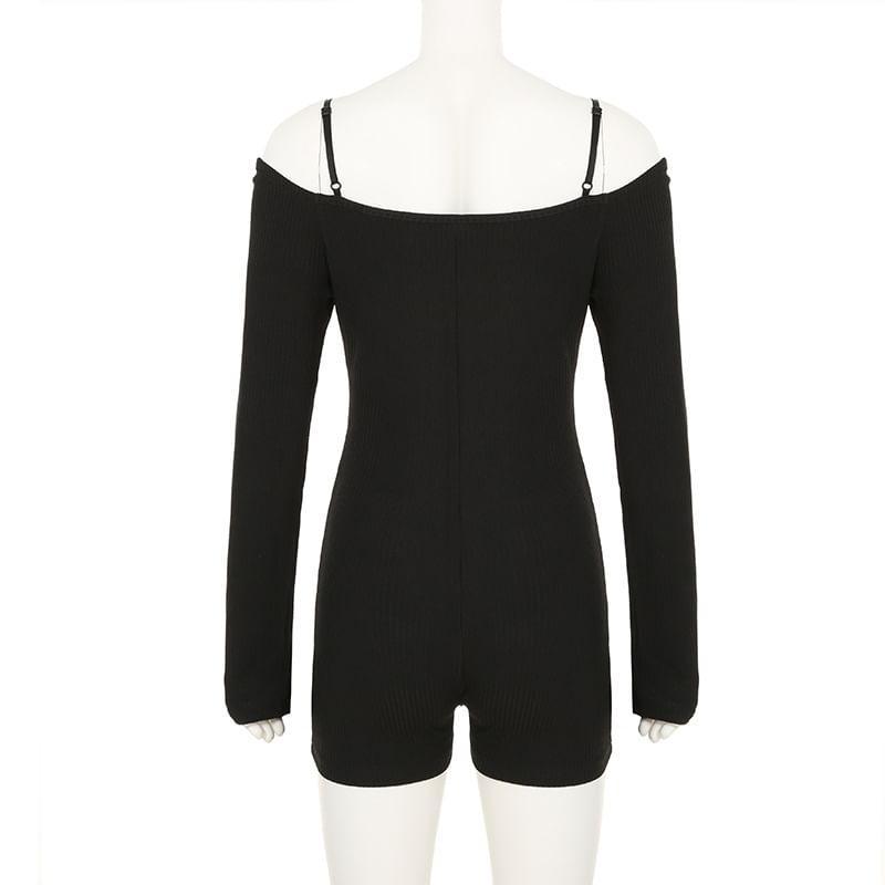 Long-Sleeve Cold Shoulder Plain Romper Product Image