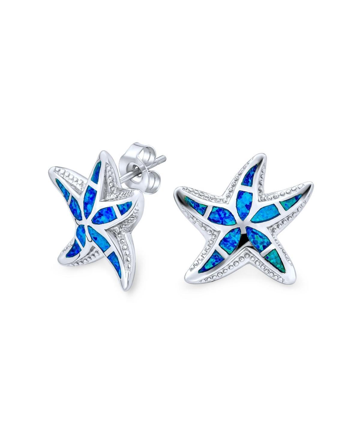 Bling Jewelry Large Nautical Hawaiian Tropical Beach Vacation Blue Inlay Synthetic Opal Starfish Stud Earrings For Women Sterling Silver Product Image