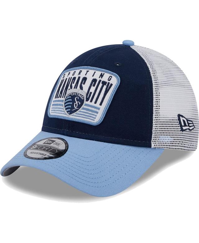 Mens New Era /Light Blue Sporting Kansas City Patch 9FORTY Trucker Snapback Hat Product Image