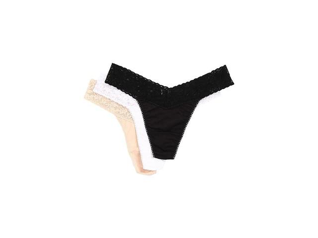 Hanky Panky Organic Cotton Original Rise Thong w/ Lace 3-Pack (Black/White/Chai) Women's Underwear Product Image