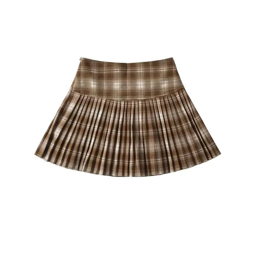 High Rise Plaid Mini Pleated Skirt Product Image