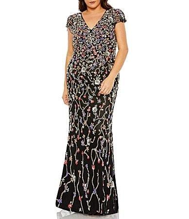 Mac Duggal Plus Size Cap Flutter Sleeve V-Neck Floral Embellished Sequin Gown Product Image