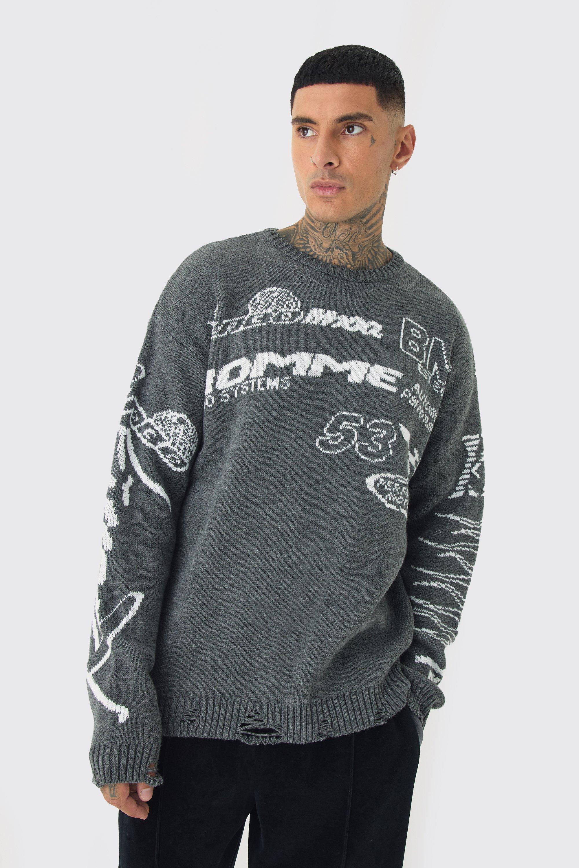 Tall Distressed Moto Crew Neck Sweater | boohooMAN USA product image