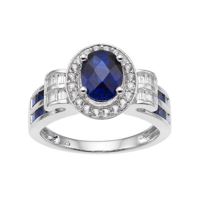 Sterling Silver Lab-Created Blue & White Sapphire Oval Halo Ring, Womens Product Image