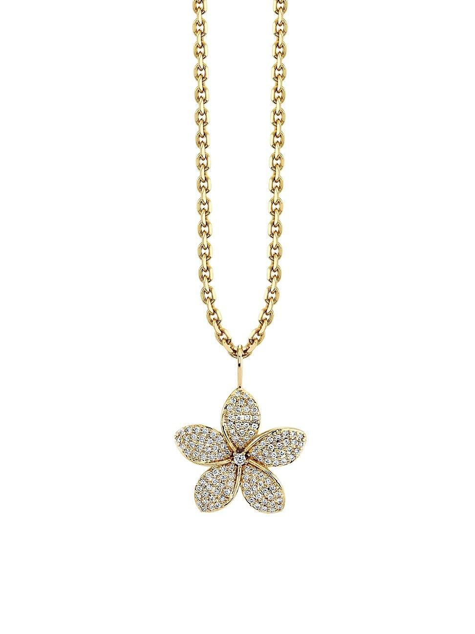 Womens Plumeria 14K Gold & Diamond Pendant Necklace Product Image