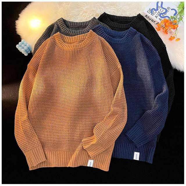 Long-Sleeve Crew Neck Plain Sweater Product Image